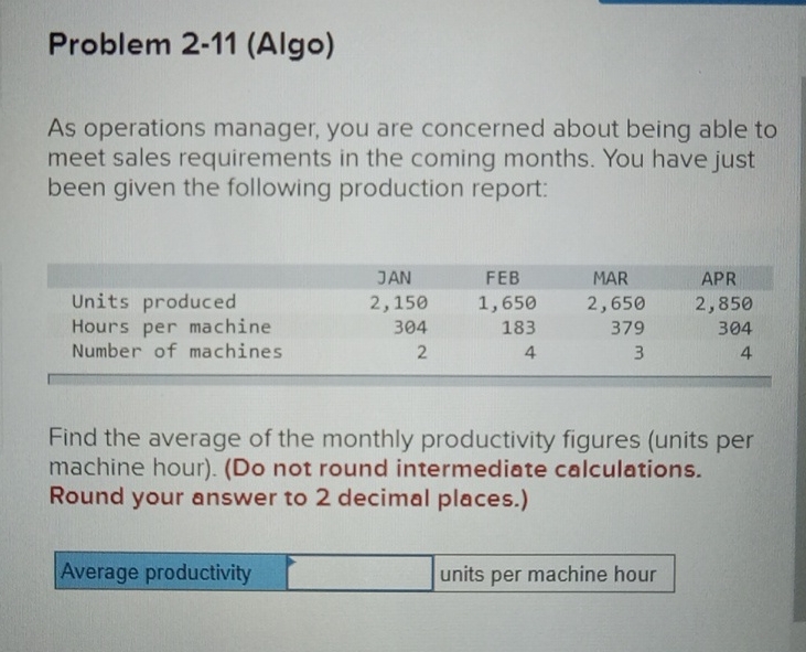  Problem 2-11(Algo) As operations manager, you are concerned about being able