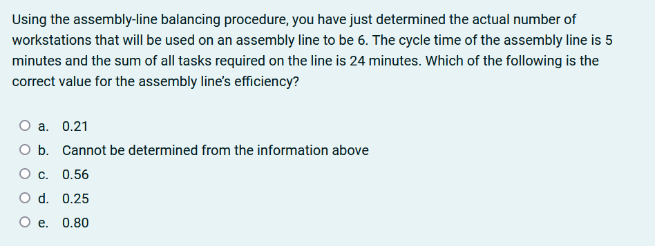  Using the assembly-line balancing procedure, you have just determined the actual