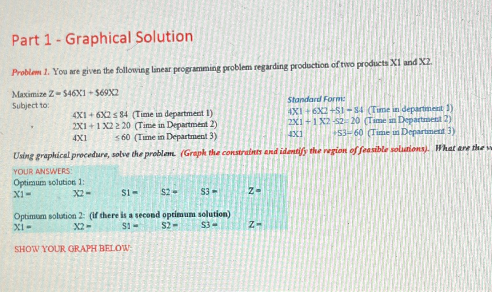  Part 1- Graphical Solution Problem 1. You are given the following