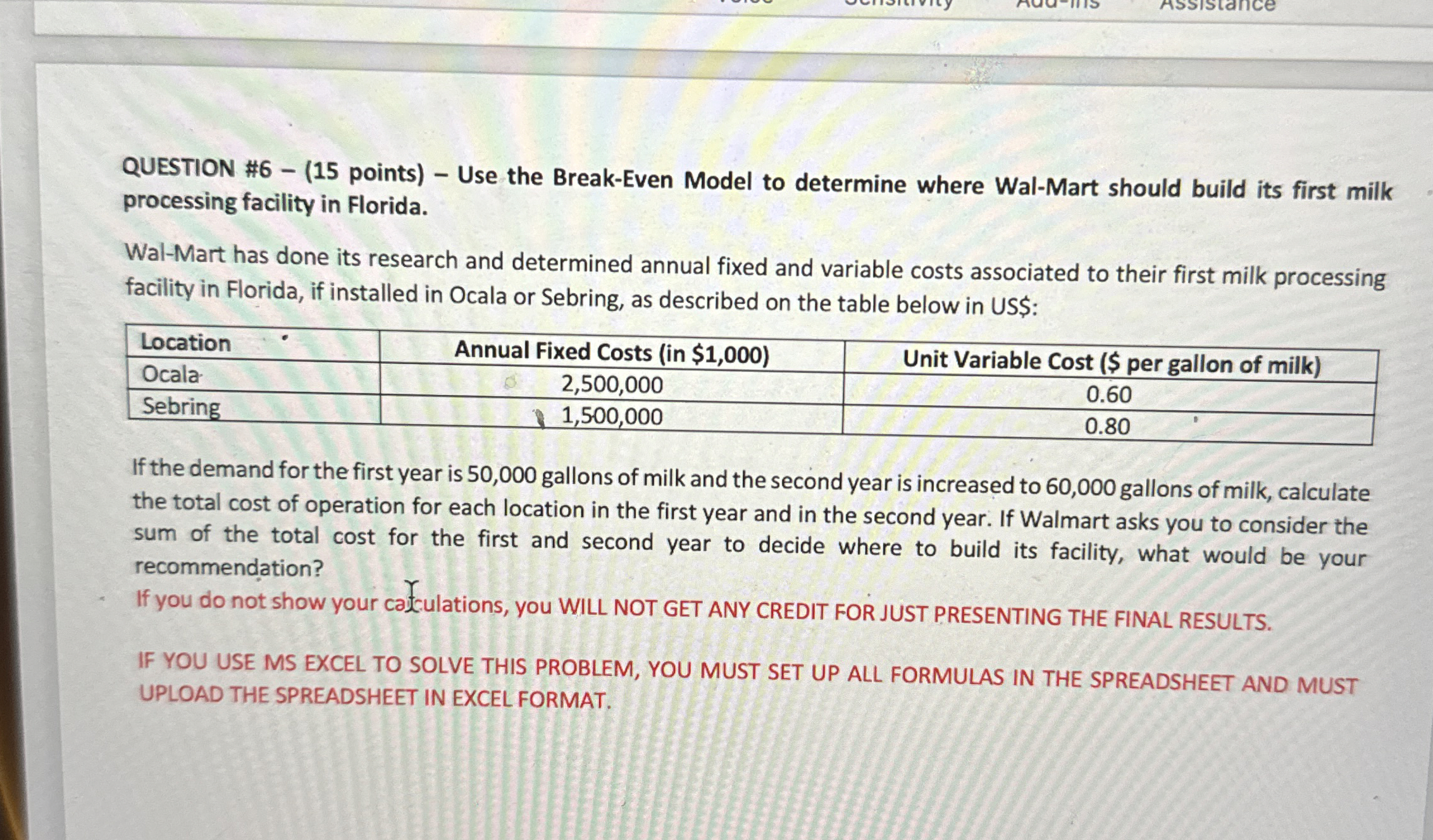  QUESTION #6-(15 points)- Use the Break-Even Model to determine where Wal-Mart