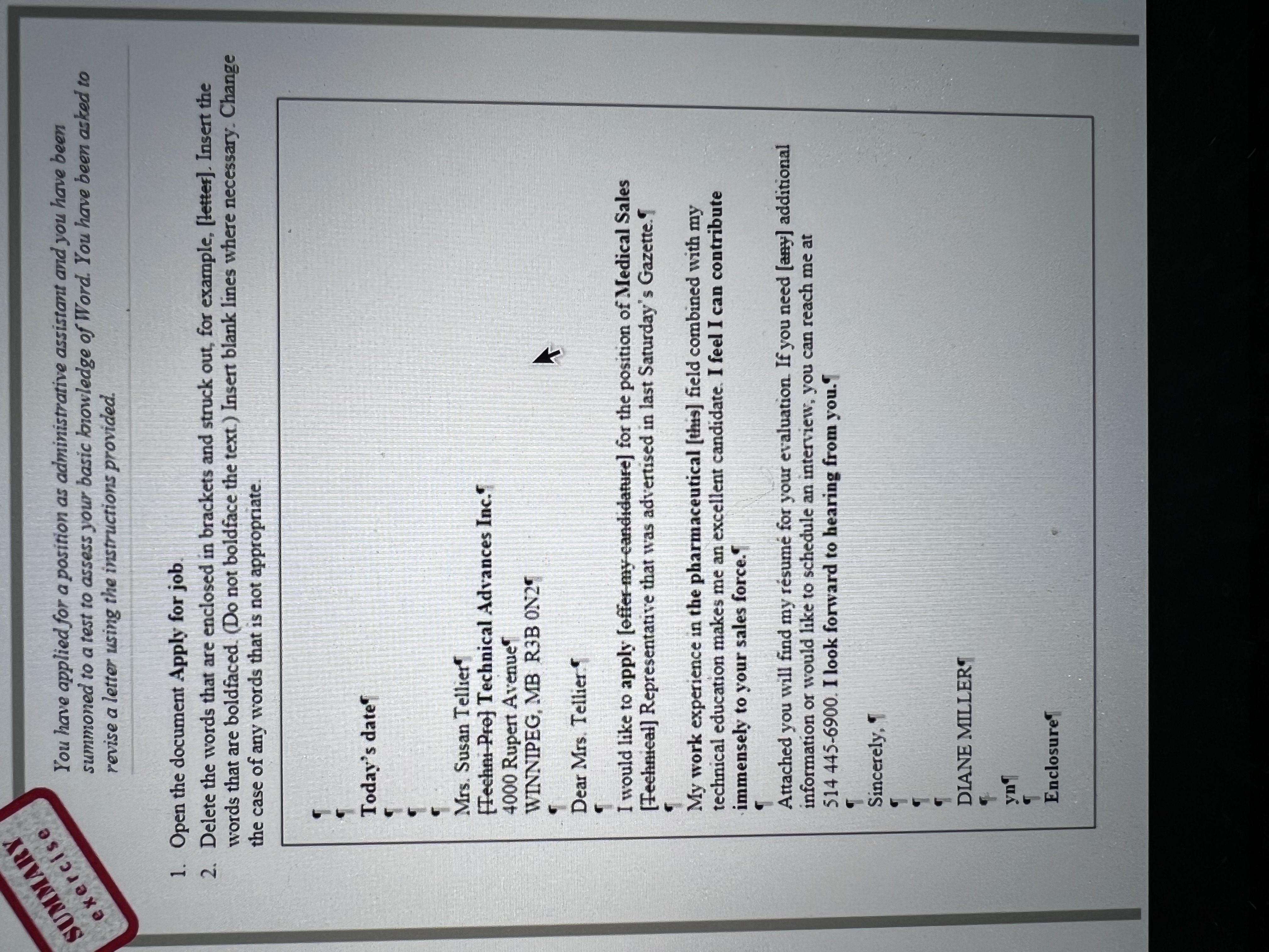  revise a letter using the instructions provided. Open the document Apply