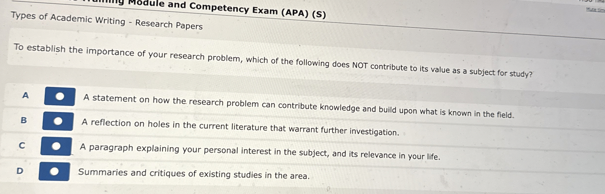  Module and Competency Exam (APA)(S) Types of Academic Writing - Research