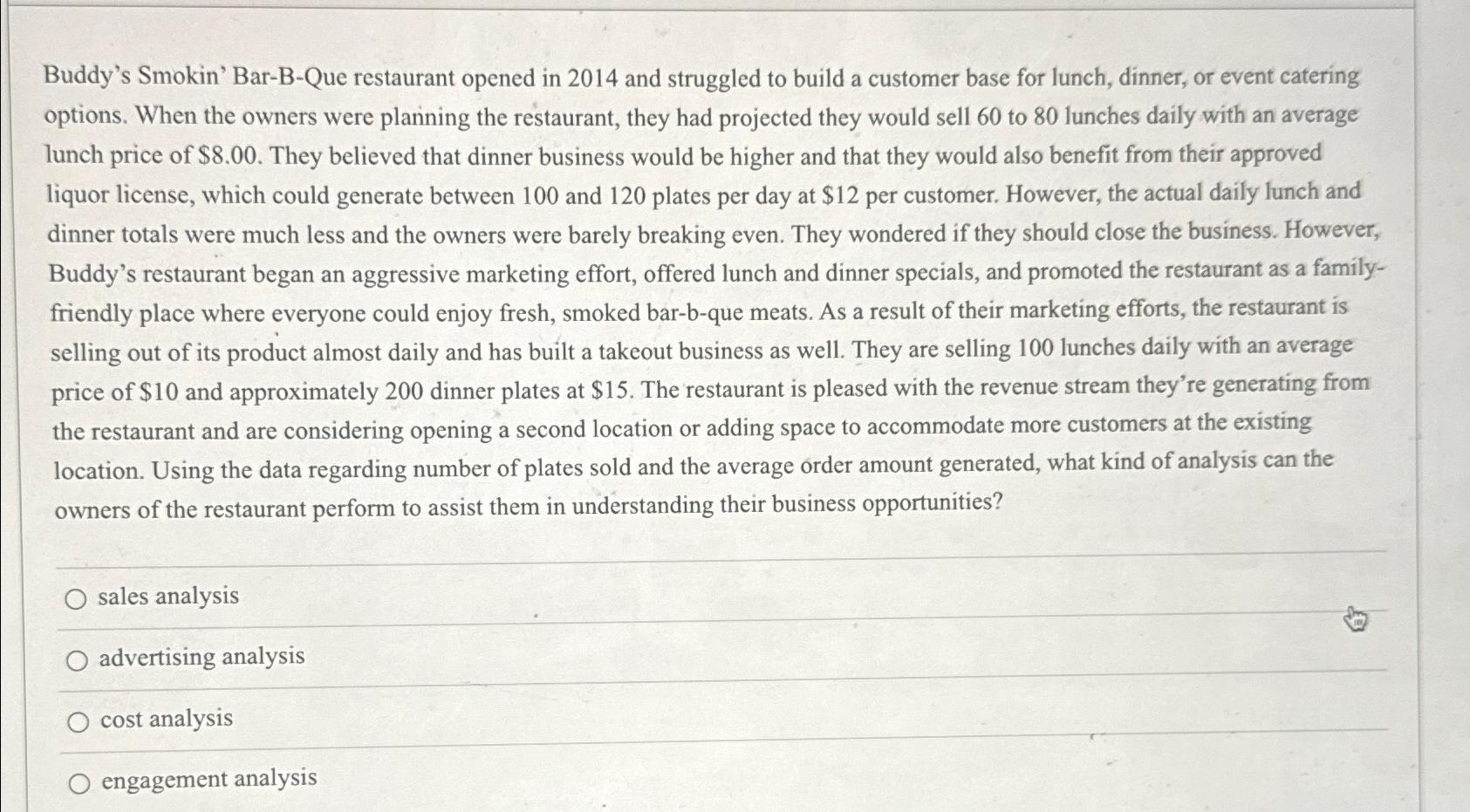  Buddy's Smokin' Bar-B-Que restaurant opened in 2014 and struggled to build