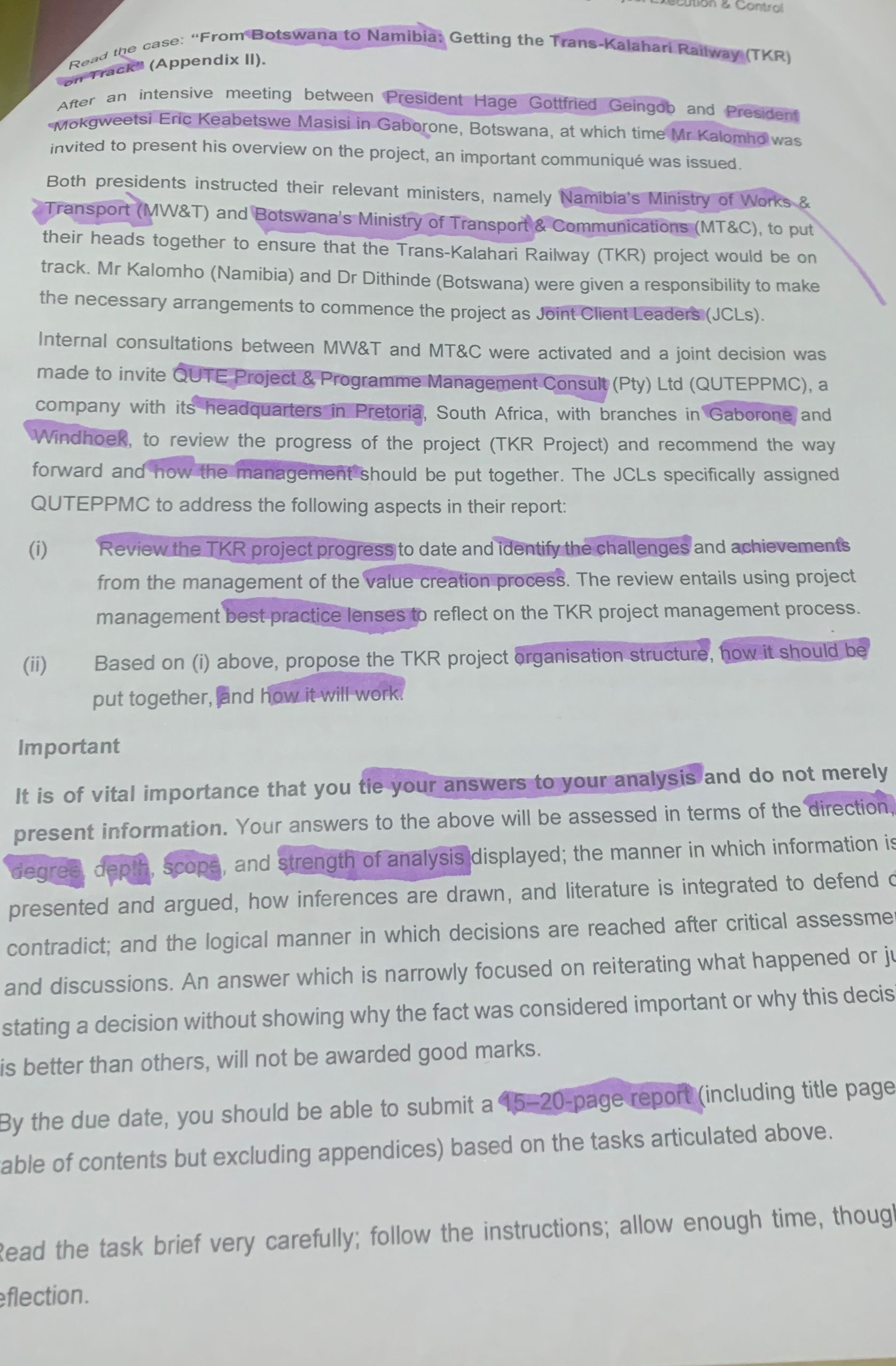  Control Read the case: "FromBotswana to Namibia: Getting the Trans-Kalahari Railway
