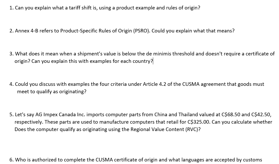  Can you explain what a tariff shift is, using a product