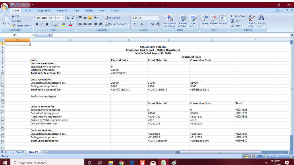 E G H K L MNO Process Costing Jsing Excel to prepare