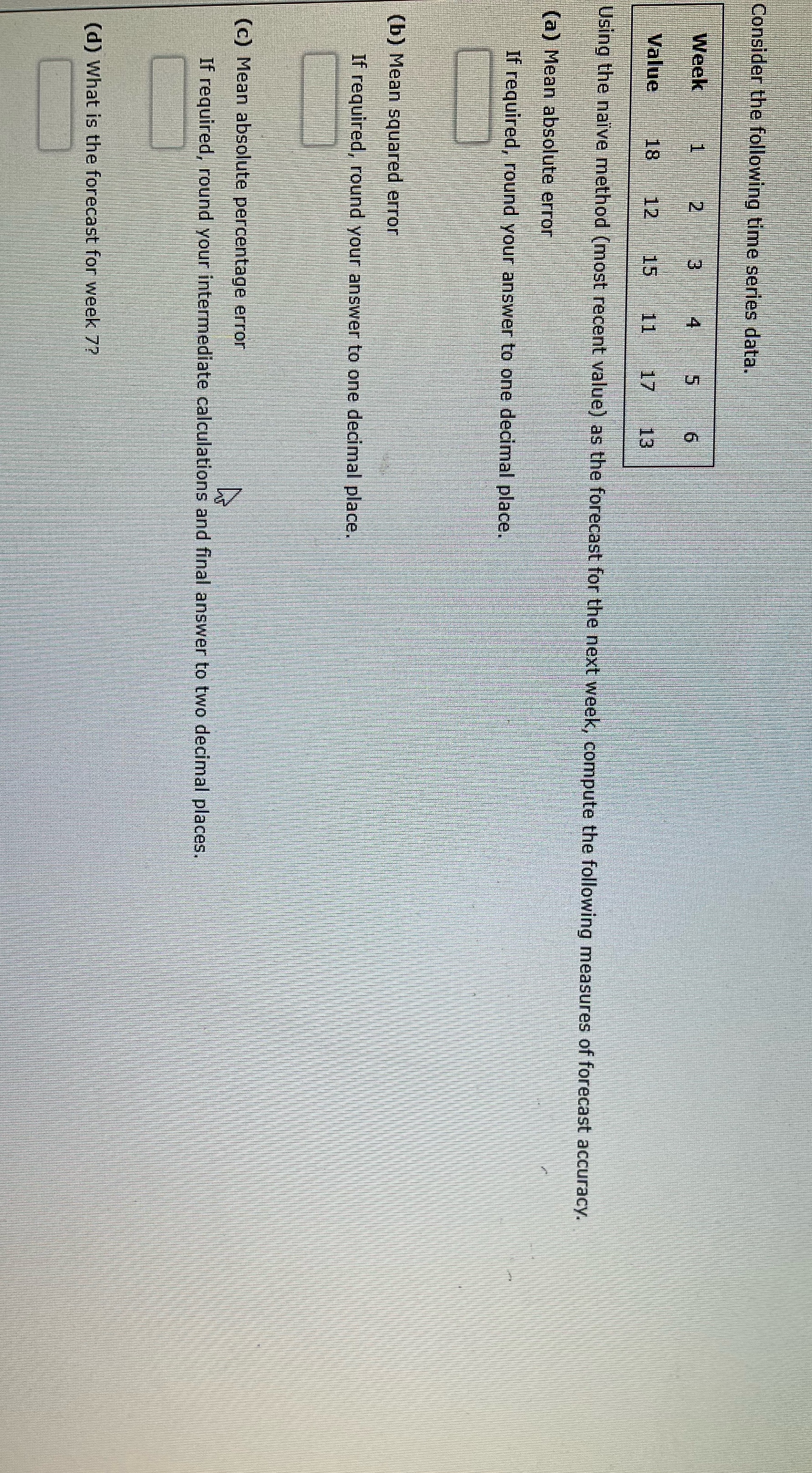 Consider the following time series data. Week Value 18 Using the