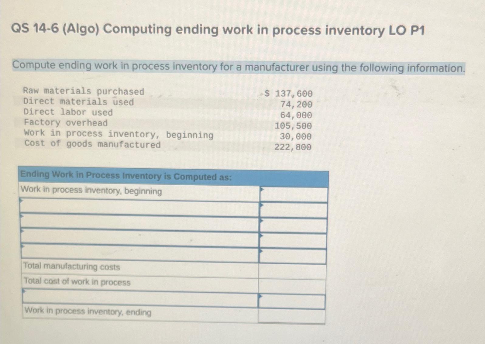  QS 14-6(Algo) Computing ending work in process inventory LO P1 Compute