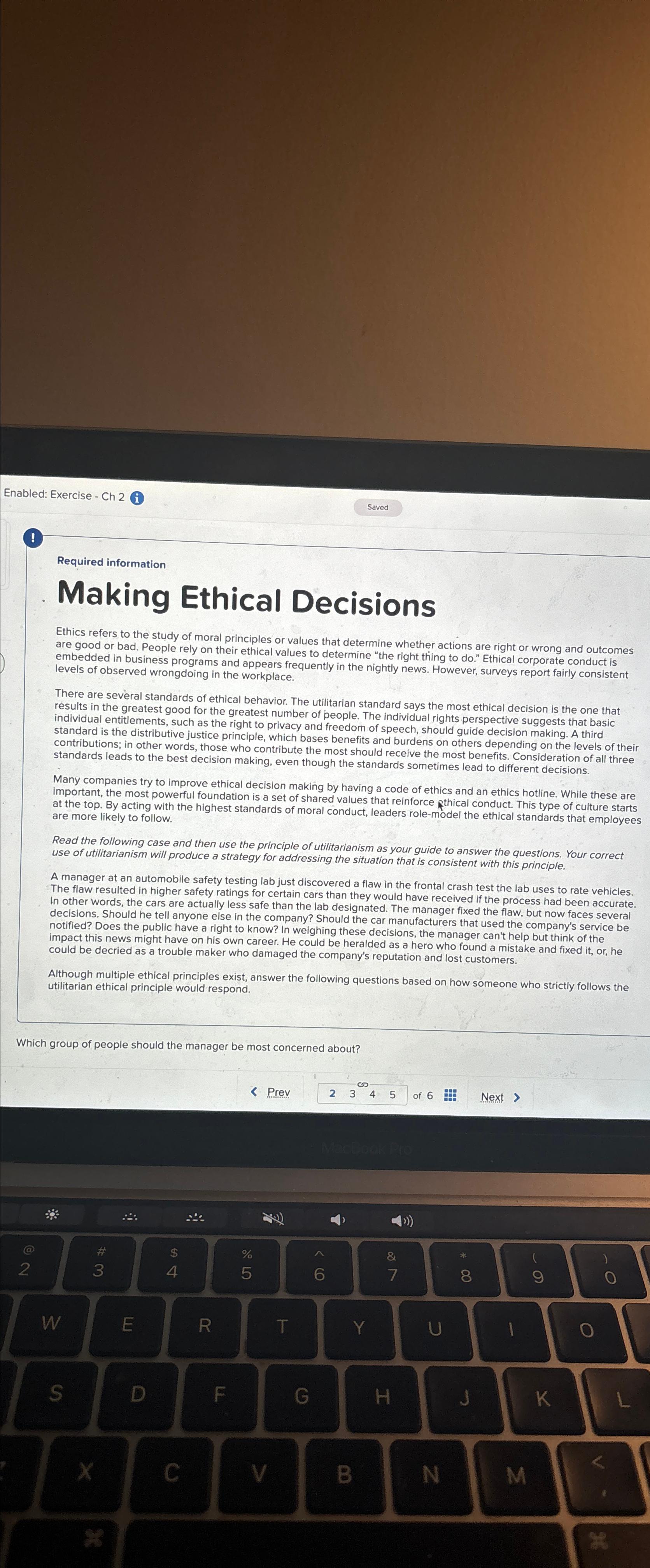  Enabled: Exercise - Ch 2(i) Saved Required information Making Ethical Decisions
