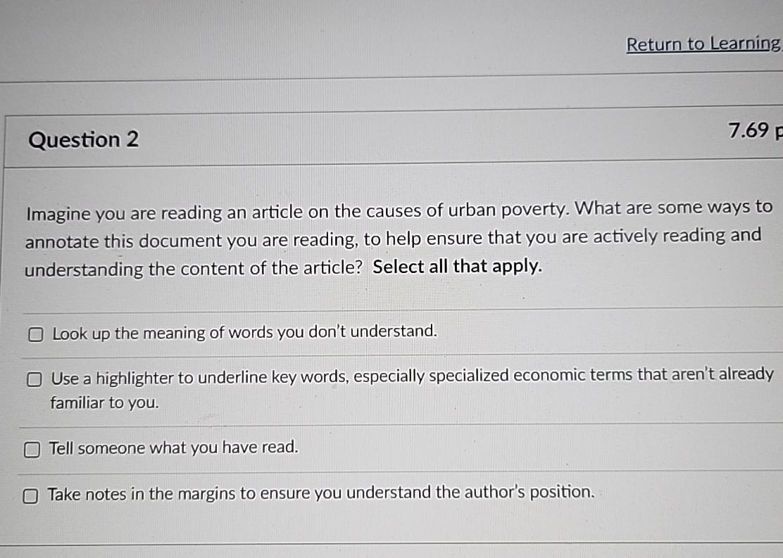  Return to Learning Question 2 7.69 Imagine you are reading an