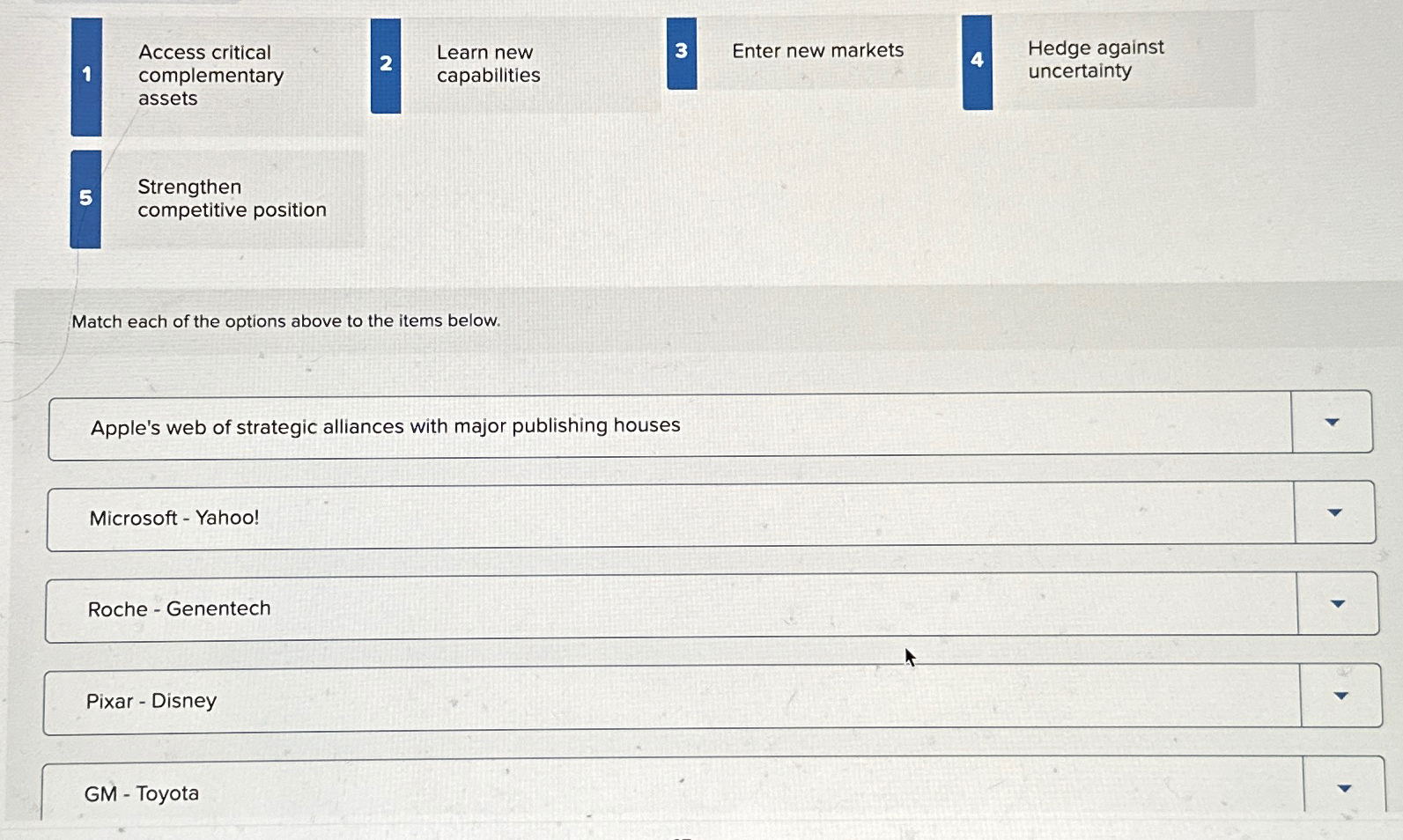  Access critical complementary assets 2 Learn new 3 Enter new markets