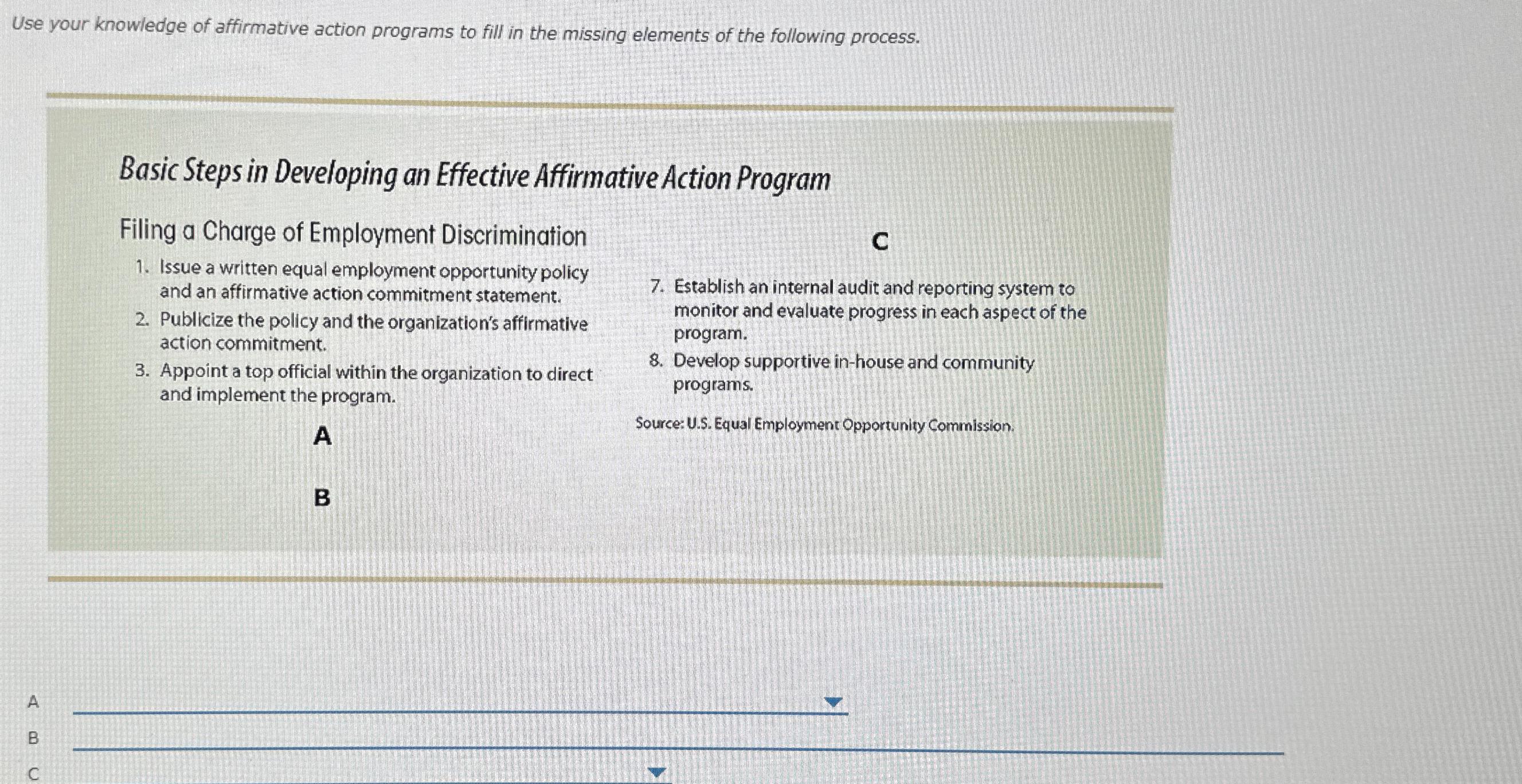  Use your knowledge of affirmative action programs to fill in the