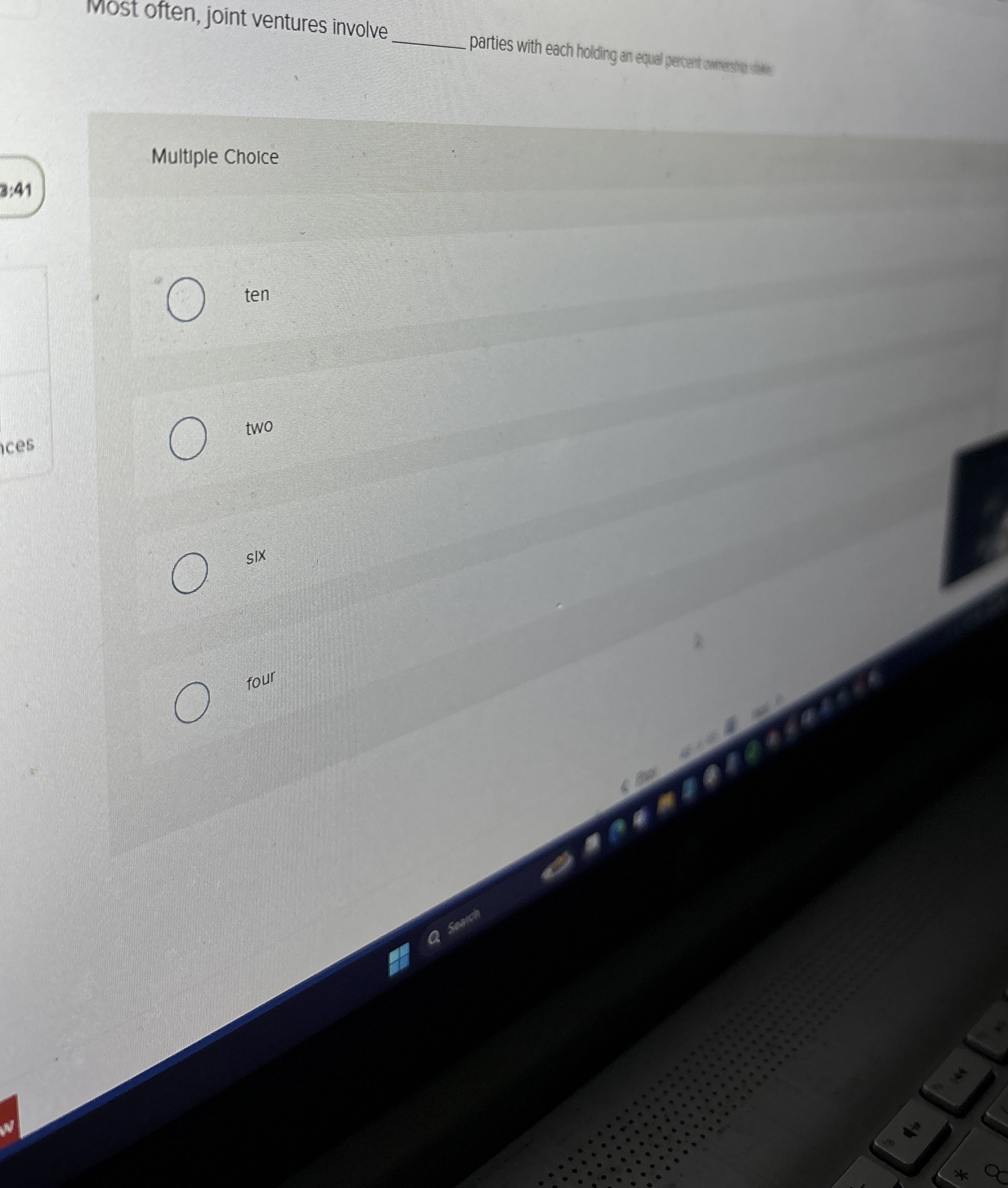  Wost often, joint ventures involve q, parties with each holding an