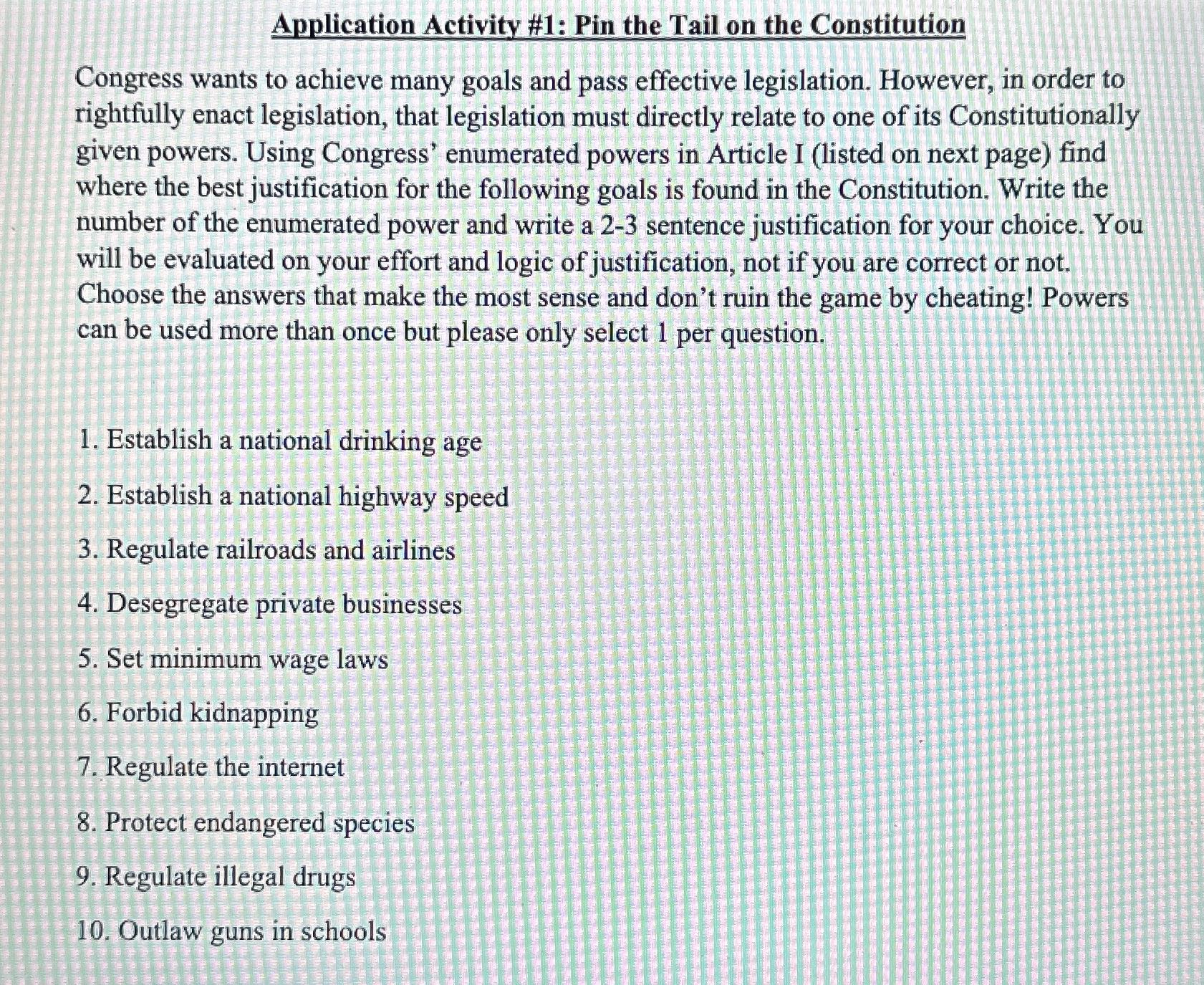 Application Activity #1: Pin the Tail on the Constitution Congress wants