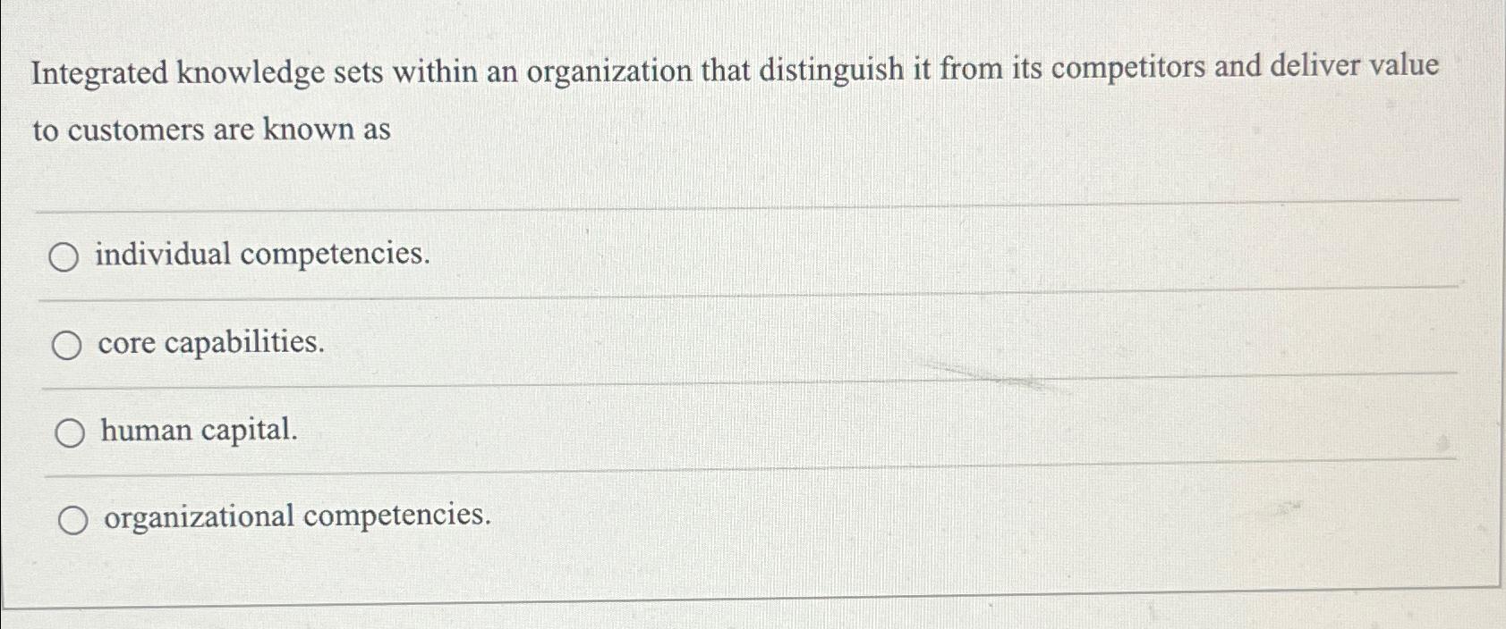  Integrated knowledge sets within an organization that distinguish it from its