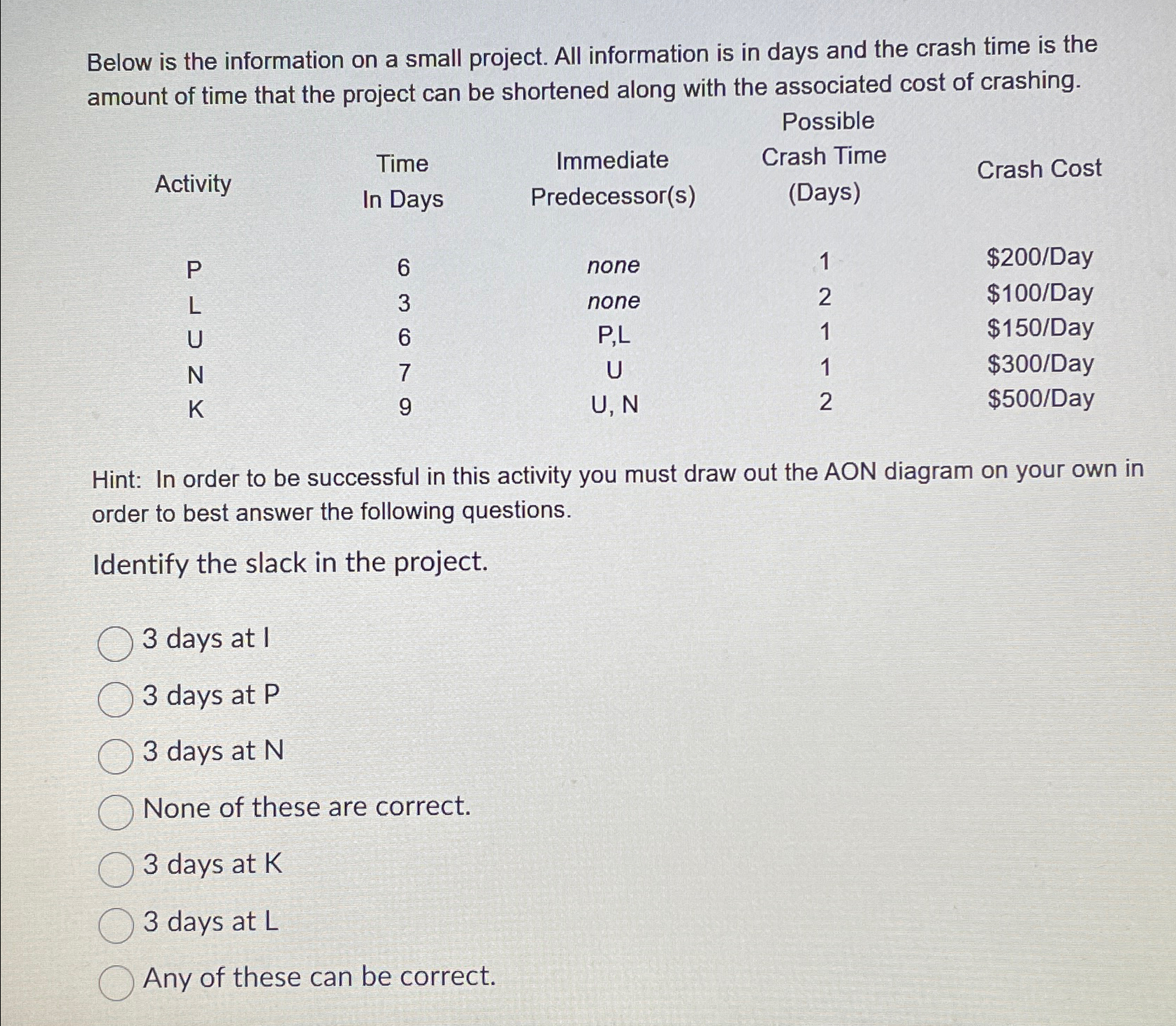  Below is the information on a small project. All information is