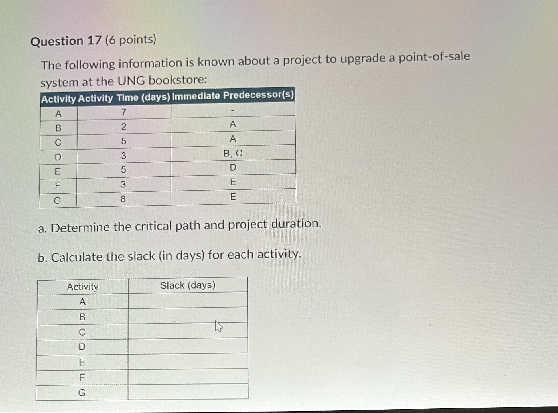  Question 17(6 points) The following information is known about a project