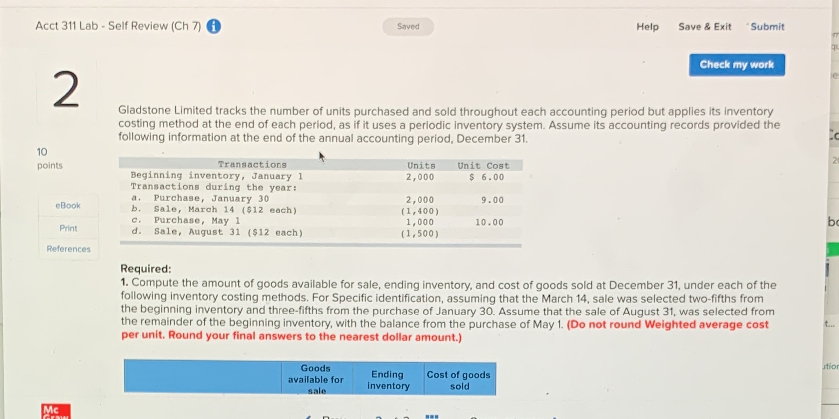  Acct 311 Lab - Self Review (Ch 7) Saved Help Save