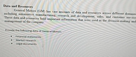  Data and Resources General Motors (GM) has vast amounts of data