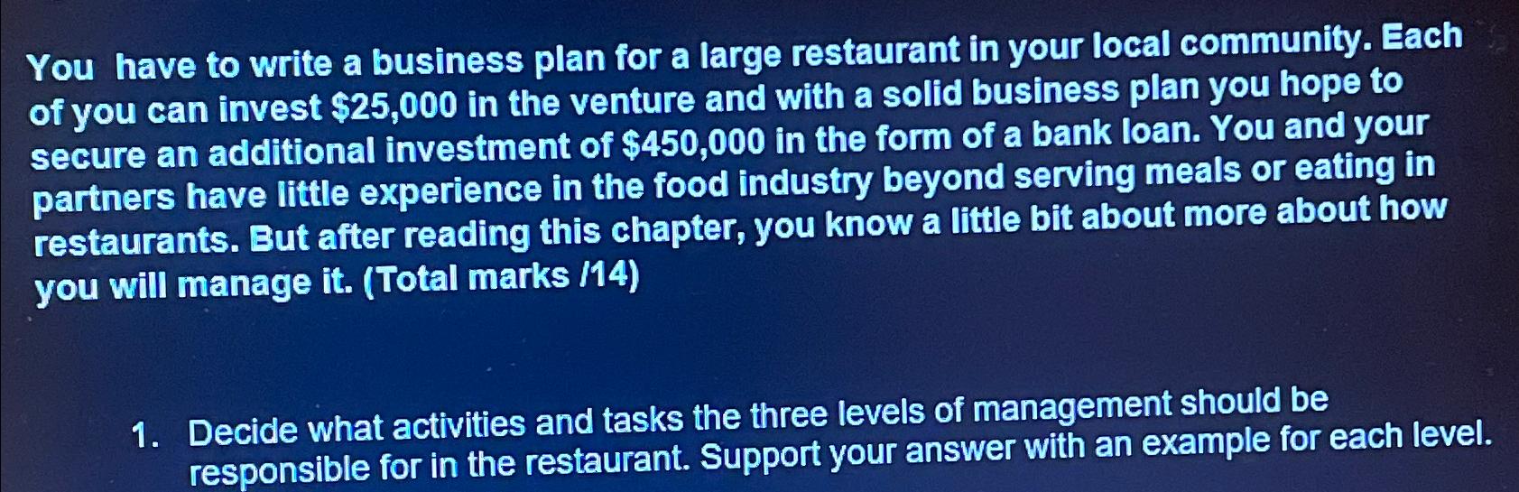  You have to write a business plan for a large restaurant