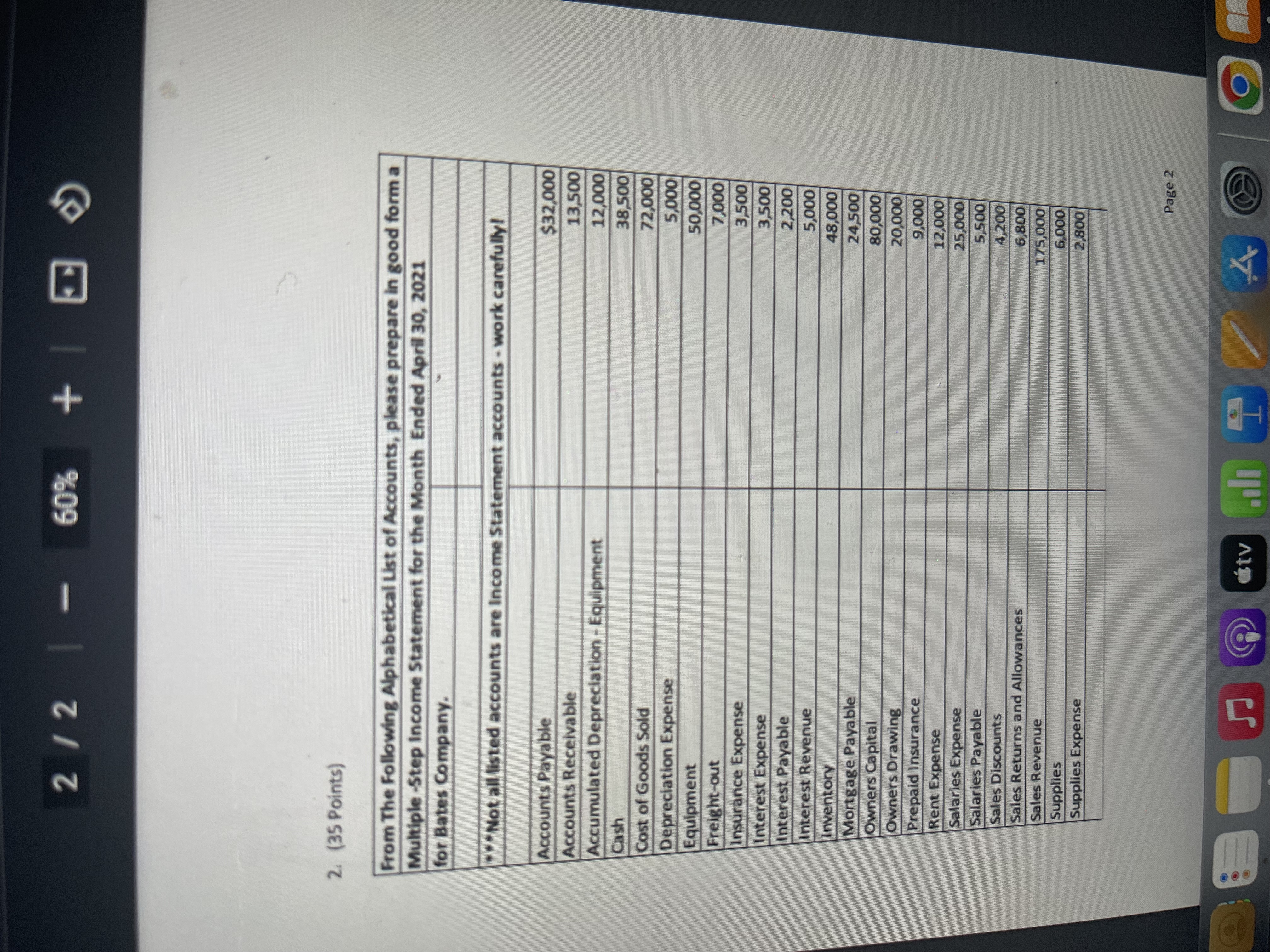  2 /2 - 60% + 2. (35 Points) From The Following