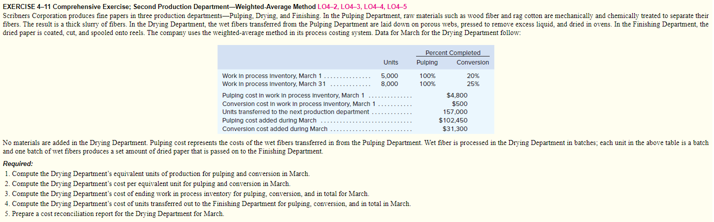  EXERCISE 4-11 Comprehensive Exercise; Second Production Department-Weighted-Average Method L04-2, LO4-3, LO4-4,