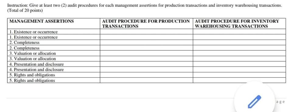  Instruction: Give at least two (2) audit procedures for each management