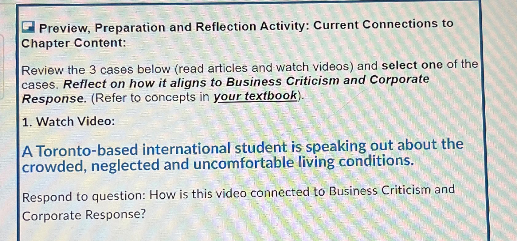  Preview, Preparation and Reflection Activity: Current Connections to Chapter Content: Review