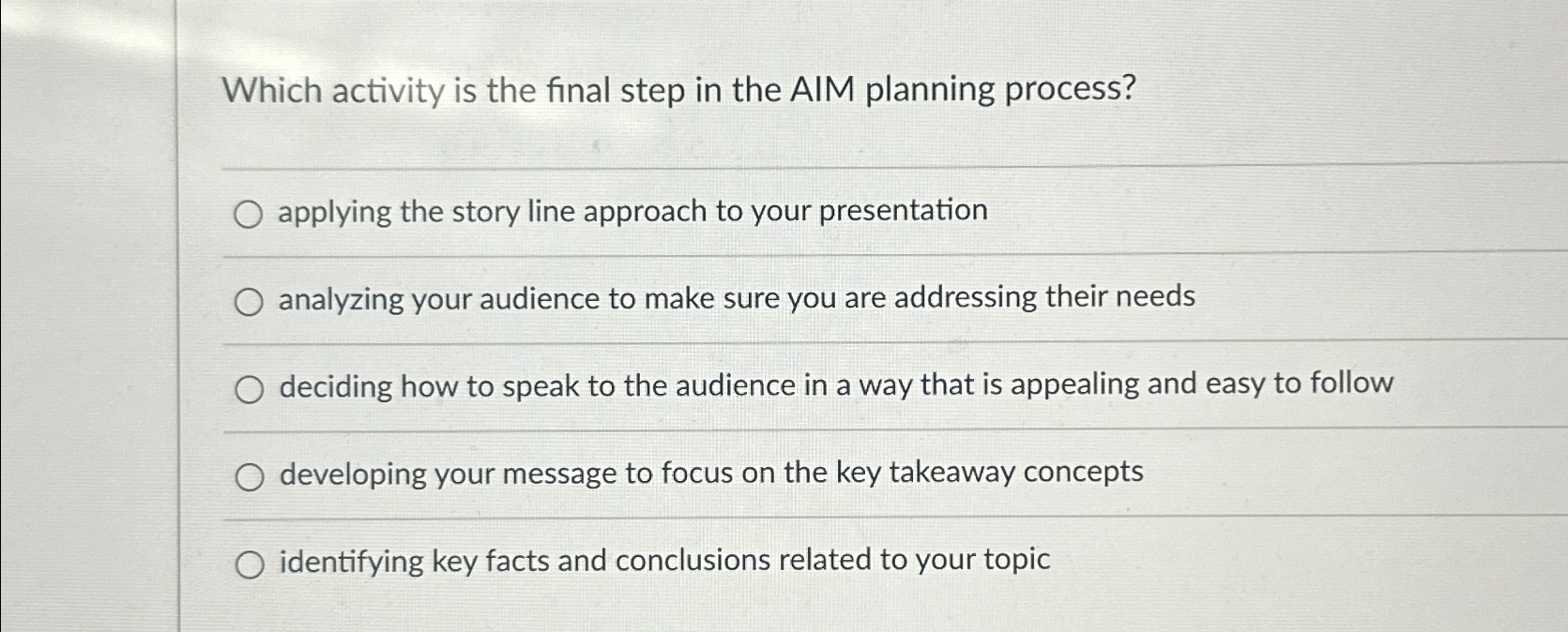  Which activity is the final step in the AIM planning process?