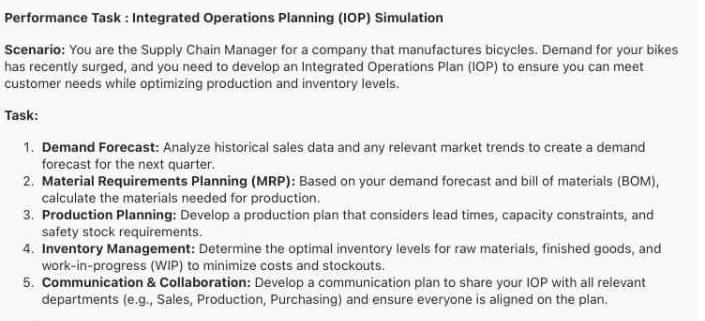  Performance Task : Integrated Operations Planning (IOP) Simulation Scenario: You are
