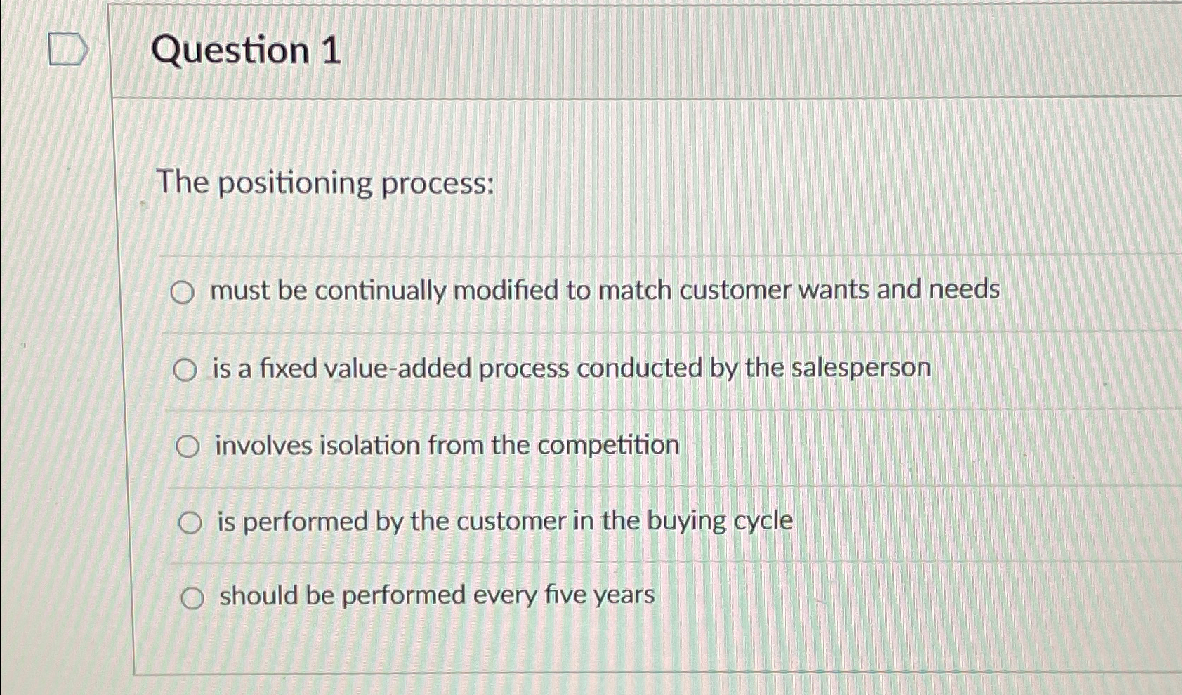  Question 1 The positioning process: must be continually modified to match