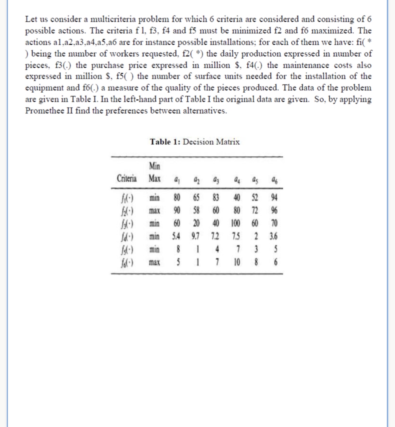  DEFINE YOUR WEIGHTS AND APPLY PROMETHEE-II FOR A GIVEN QUESTION Let