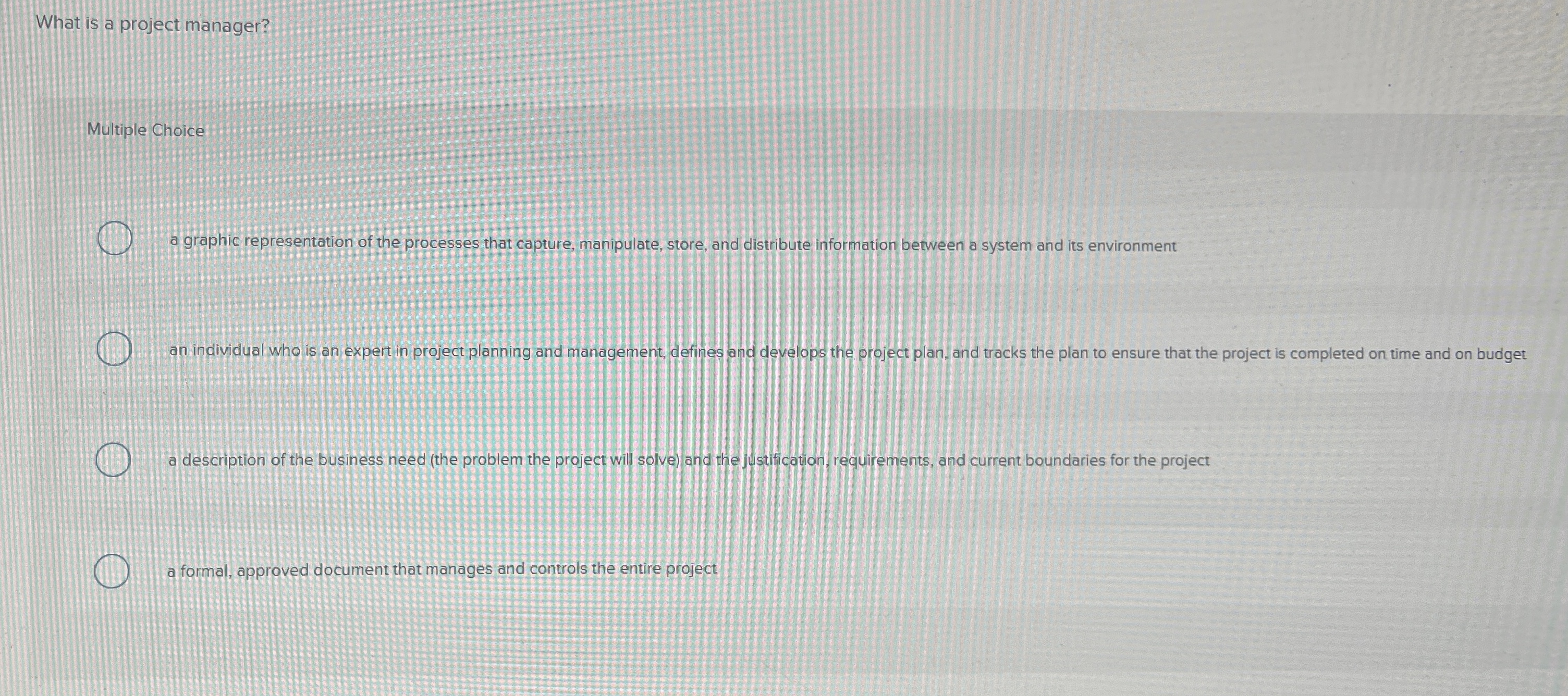  What is a project manager? Multiple Choice a graphic representation of