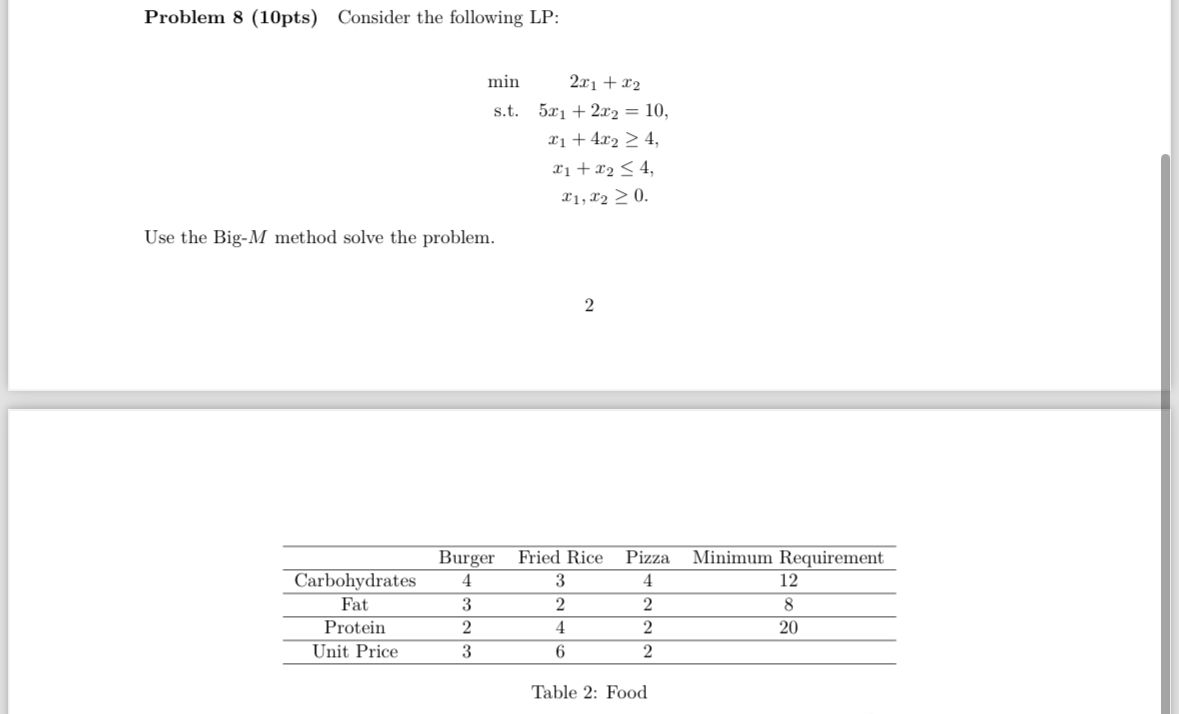  Problem 8(10pts) Consider the following LP: min,2x1+x2 s.t.,5x1+2x2=10, ,x1+4x24, ,x1+x24, ,x1,x20