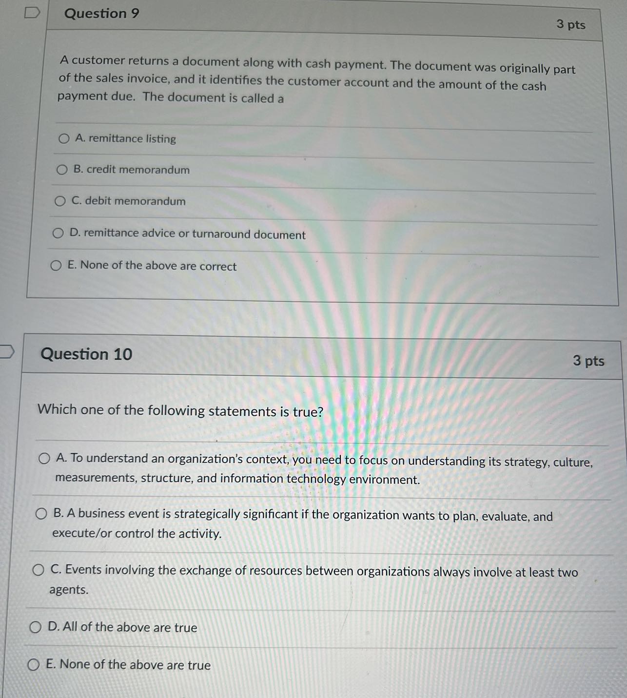  what is the correct answer for question 9 to 18? Question
