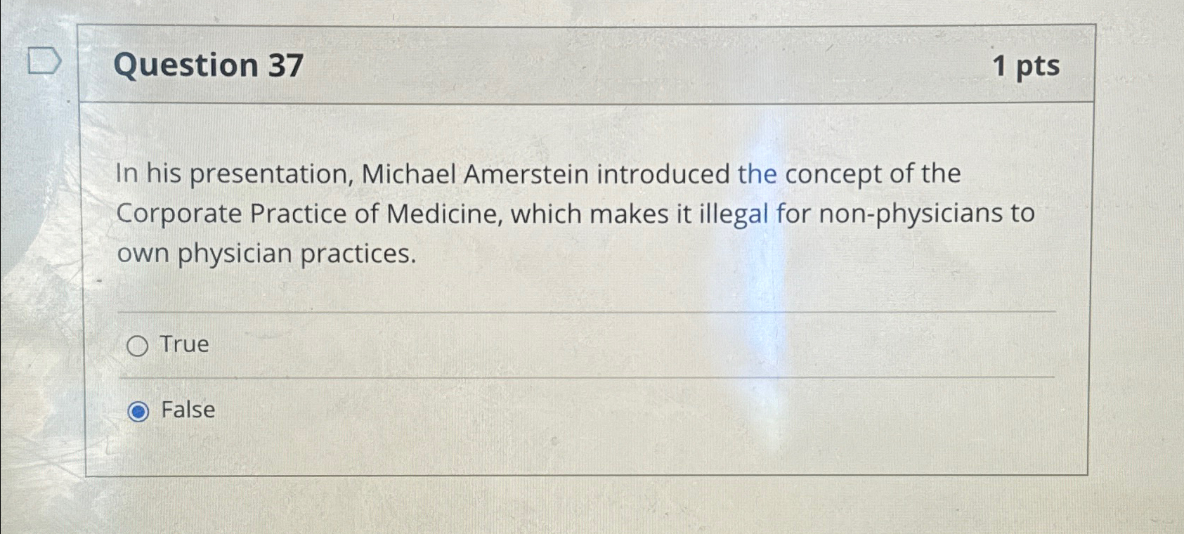  Question 37 1pts In his presentation, Michael Amerstein introduced the concept