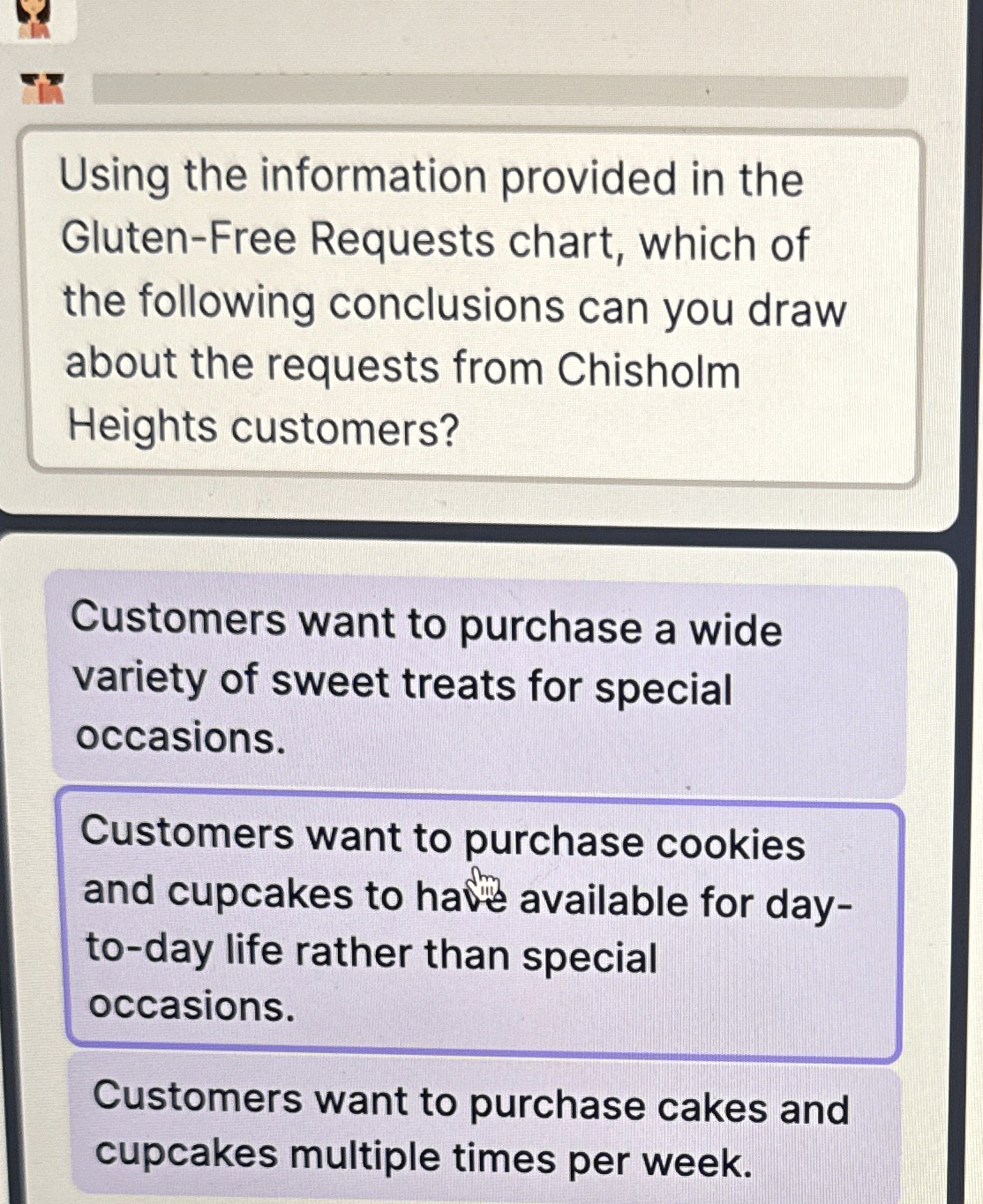  Using the information provided in the Gluten-Free Requests chart, which of