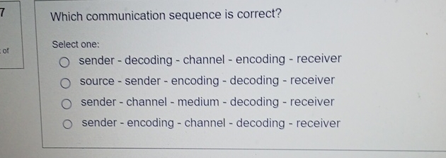  Which communication sequence is correct? Select one: sender - decoding -
