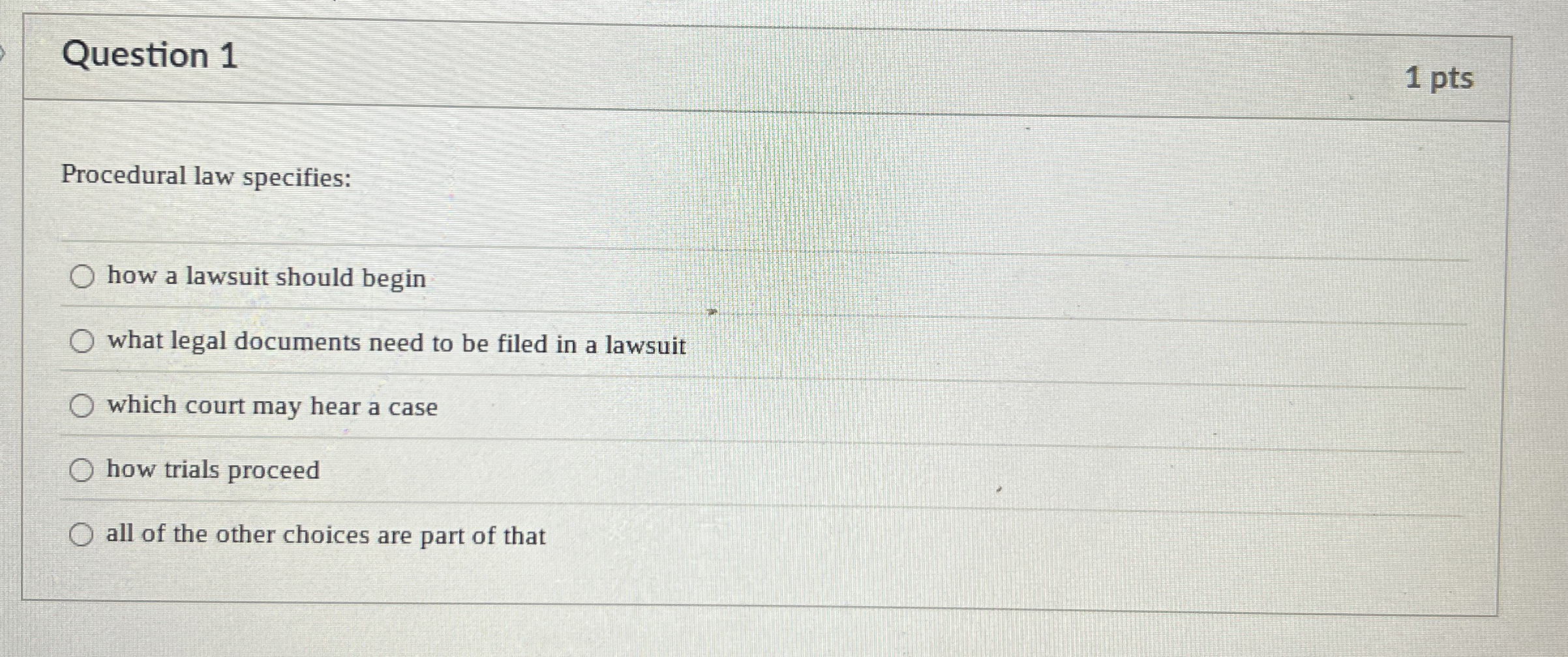  Question 1 Procedural law specifies: how a lawsuit should begin what