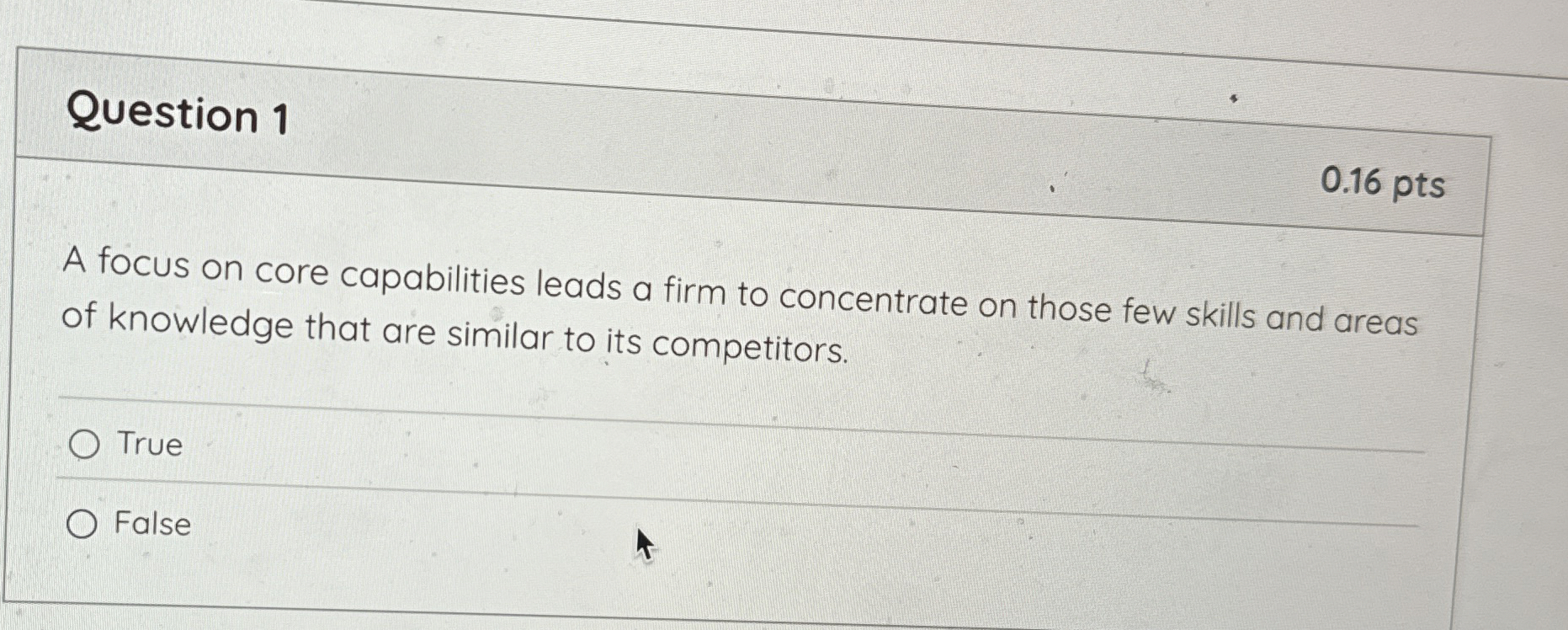  Question 1 0.16 pts A focus on core capabilities leads a
