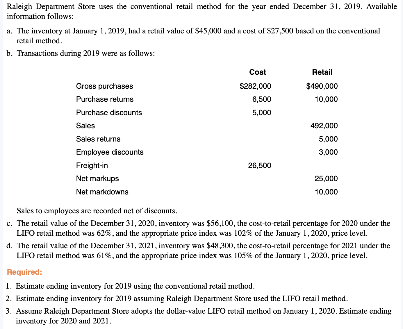for sale Less: Net Sales Sales returns Employee discounts Estimated ending inventory