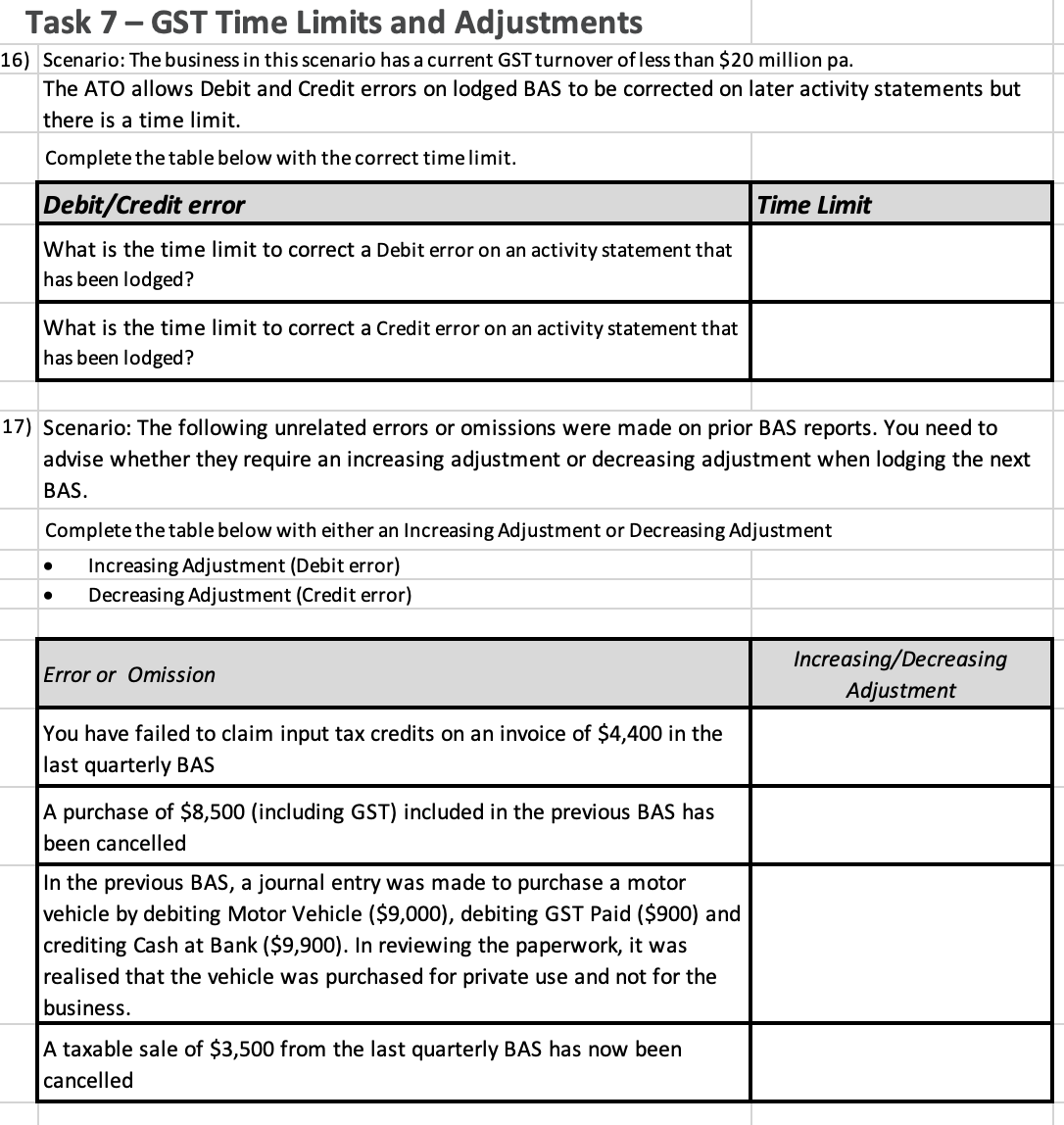  Task 7 - GST Time Limits and Adjustments 16} Scenario: The
