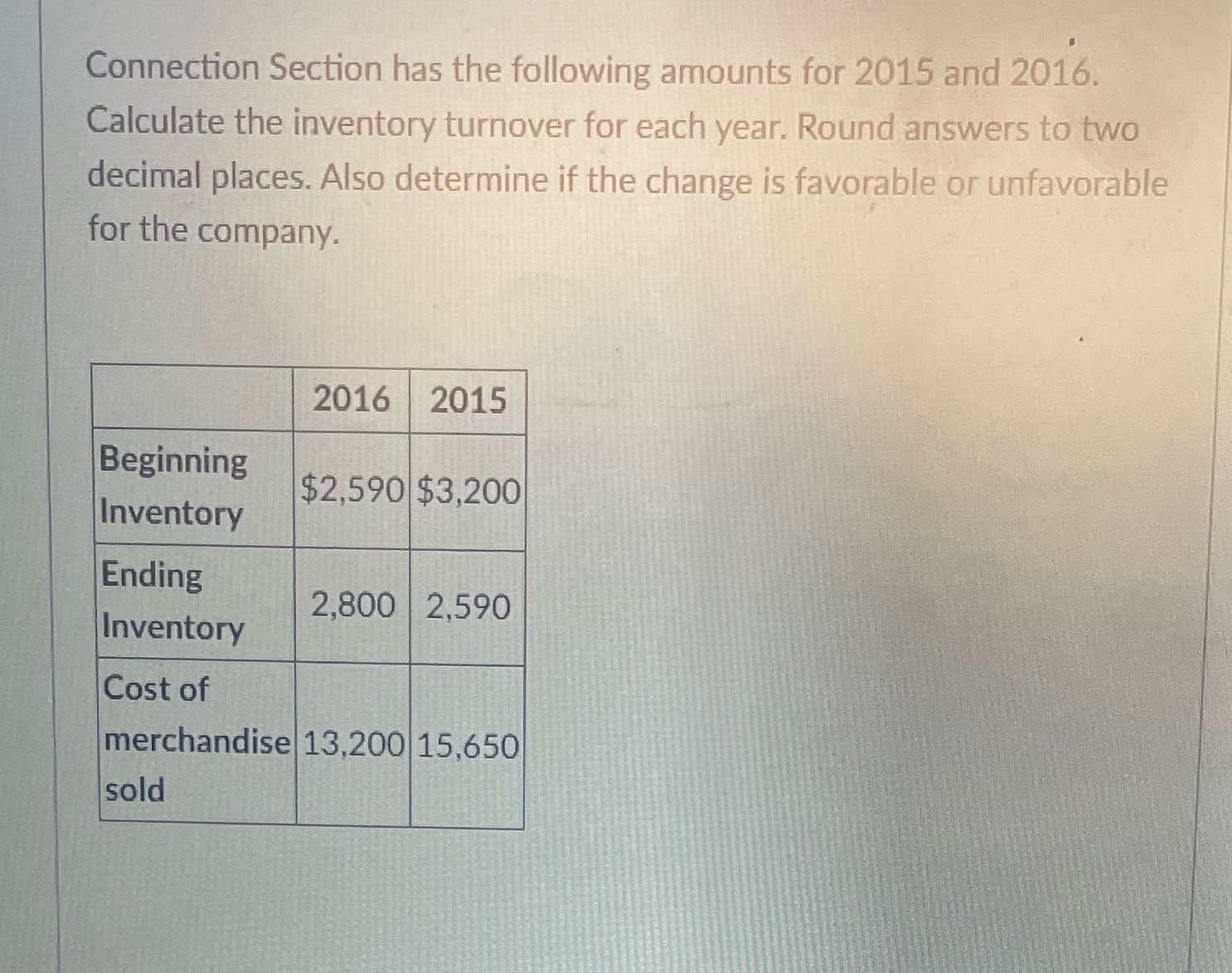 Connection Section has the following amounts for 2015 and 2016. Calculate