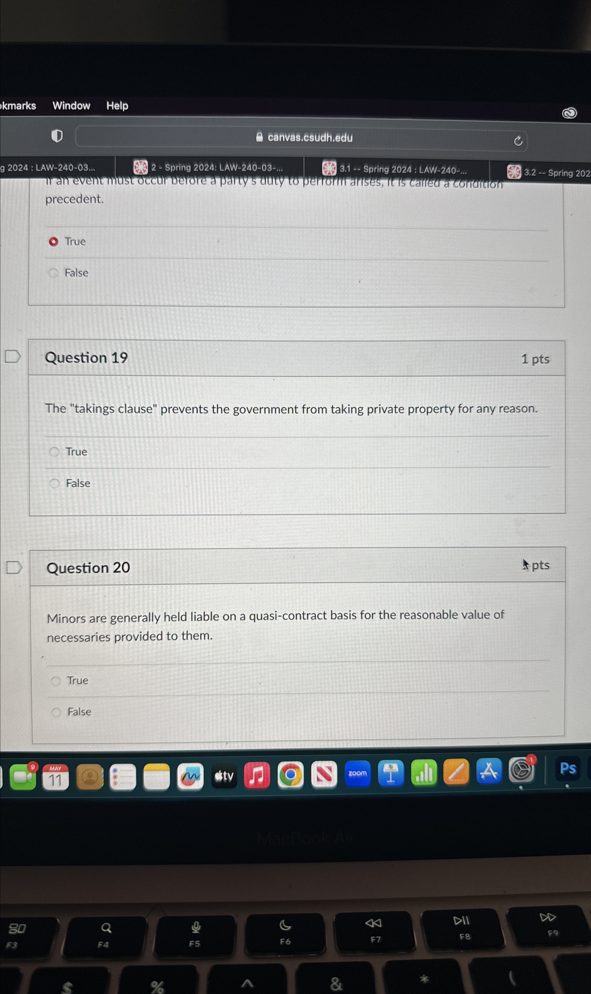  the "taking kmarks Window Help canvas.csudh.edu 92024: LAW-240-03 2- Spring 2024: