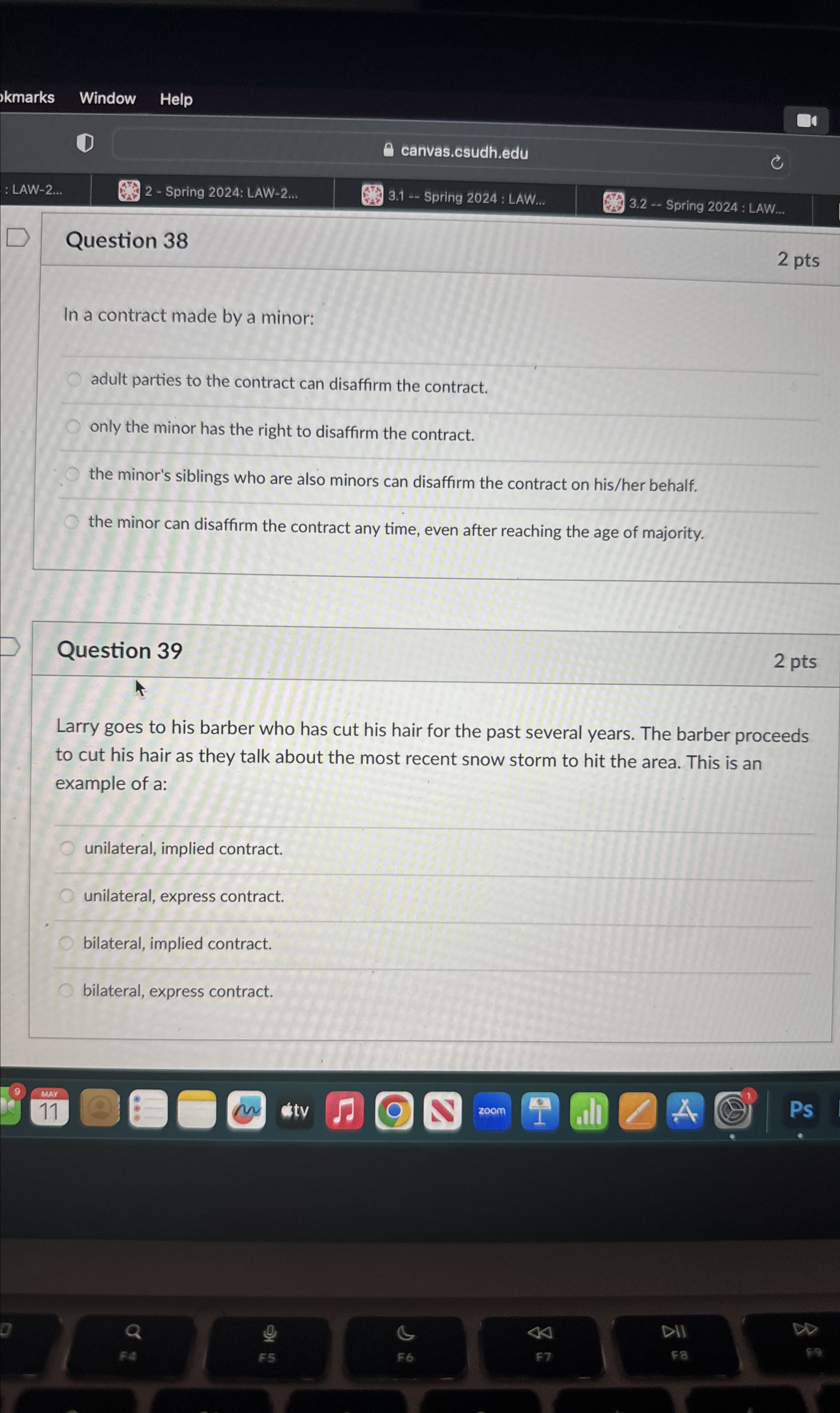  kmarks Window Help (1) canvas.csudh.edu :LAW-2. 2- Spring 2024: LAW-2... 3.1--