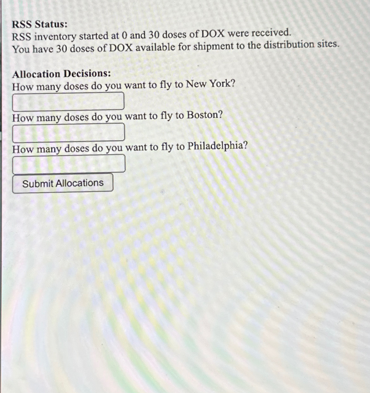 RSS Status: RSS inventory started at 0 and 30 doses of