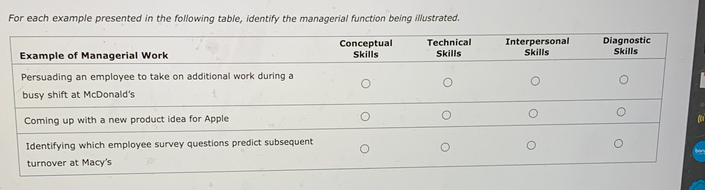  For each example presented in the following table, identify the managerial