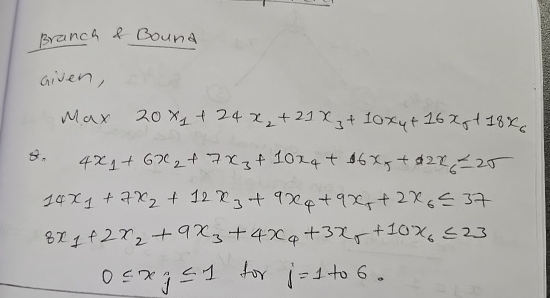  Branch & Bound given, Max 20x1+24x2+21x3+10x4+16x5+18x6 ][20 0xj1 for j=1 to