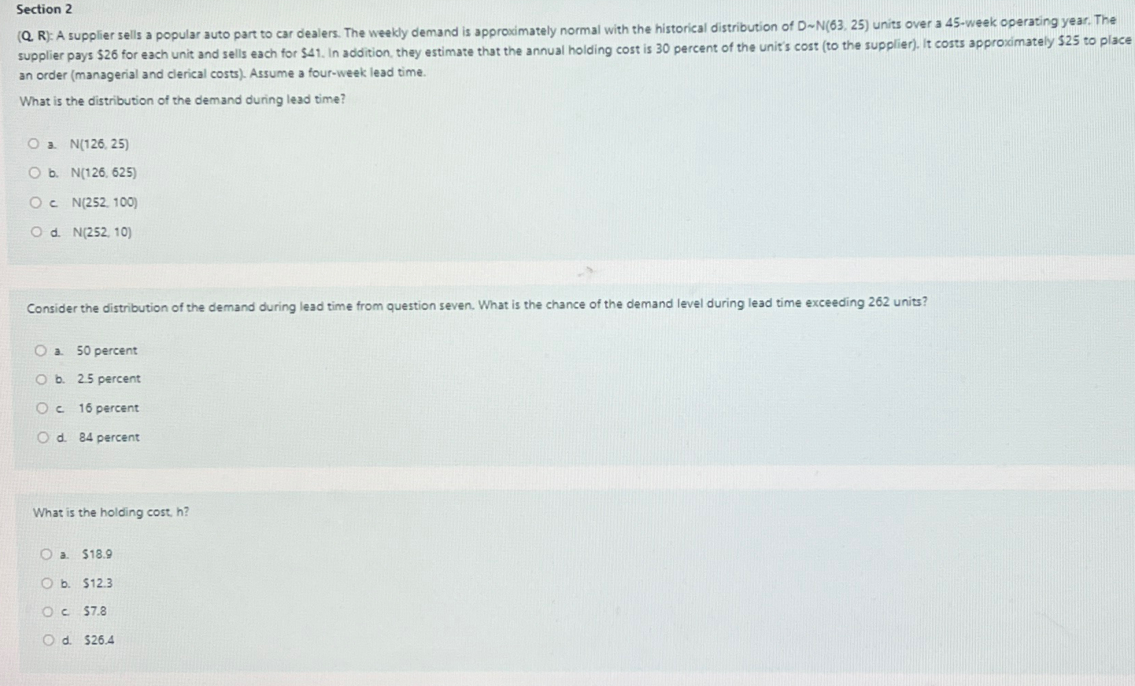  Section 2 (Q. R): A supplier sells a popular auto part