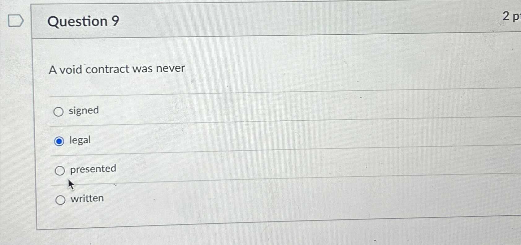  Question 9 2p A void contract was never signed legal presented
